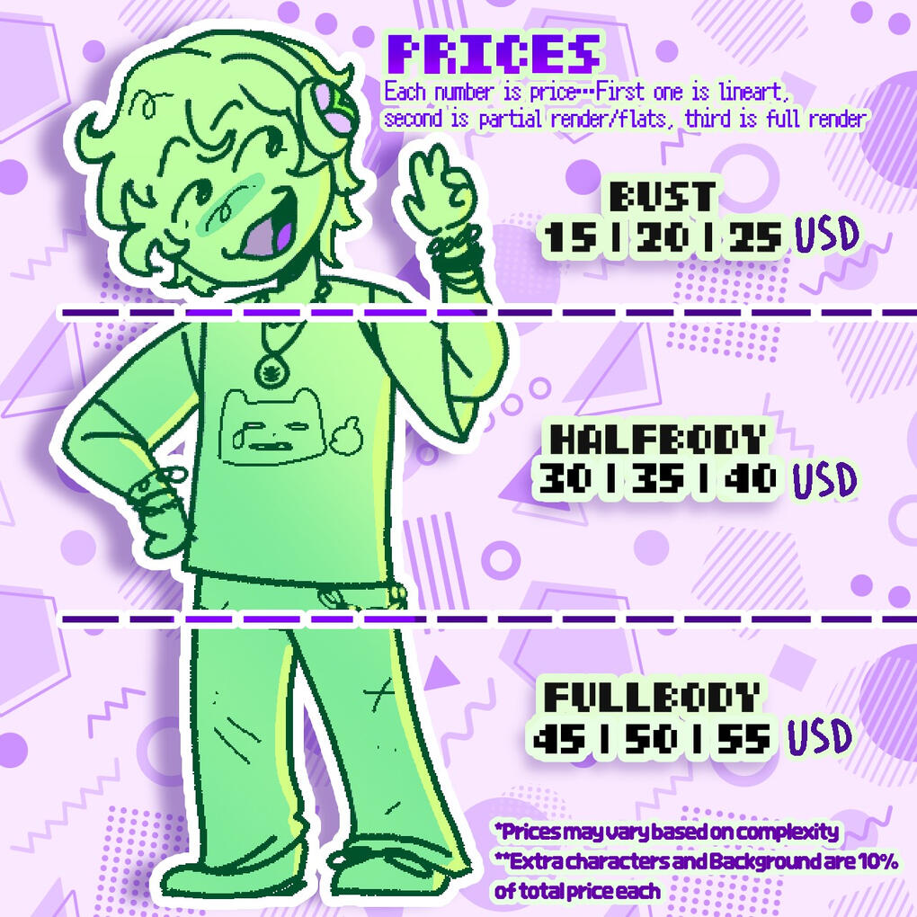 Prices: Each number is a tier of prices, 1st one is line art, 2nd one is flat coloring with minimal shading, 3rd one is full render/painted.